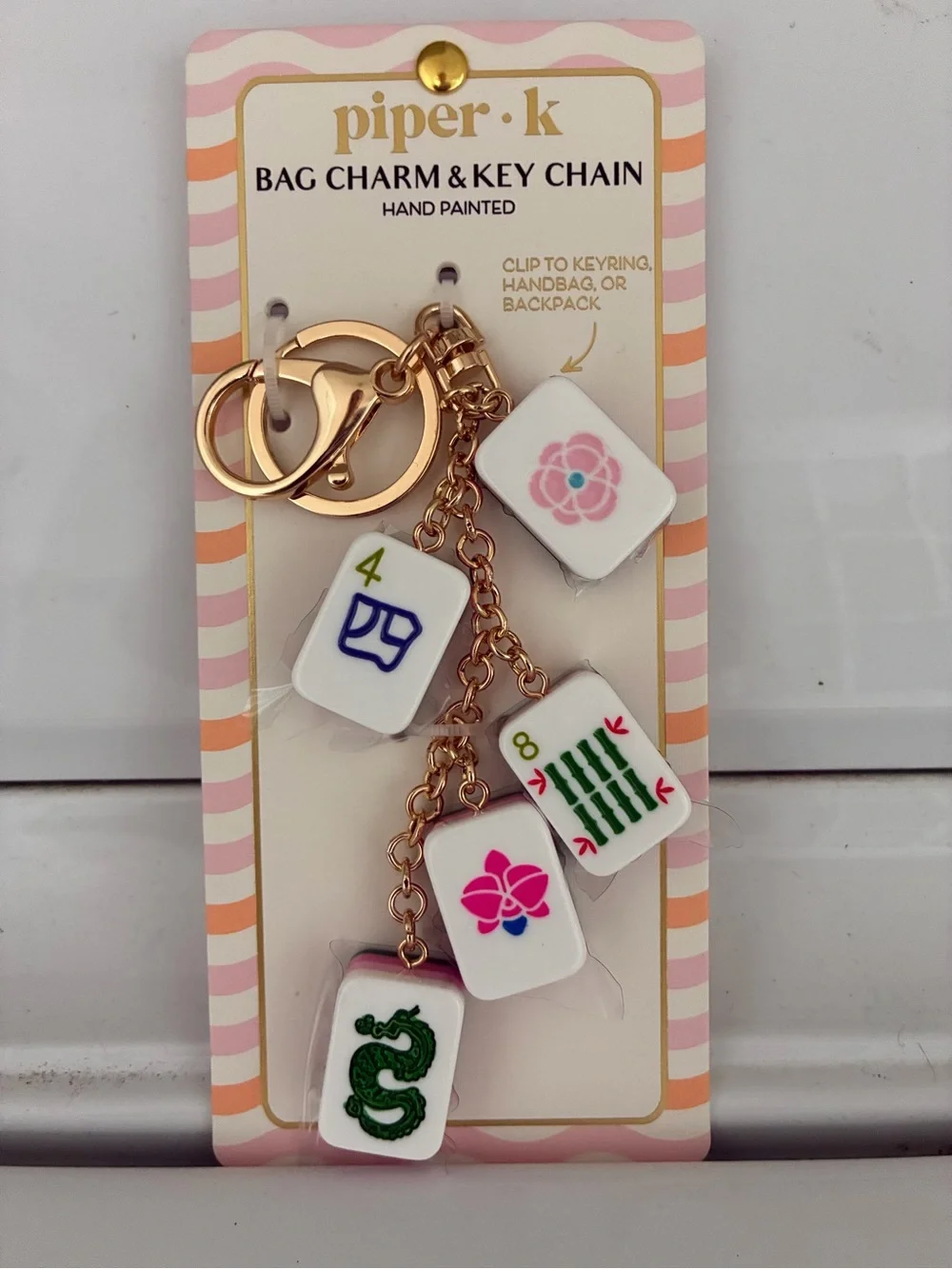 Piper K Gold Mahjong Tile Bag Charm Key Chain in White and Pink